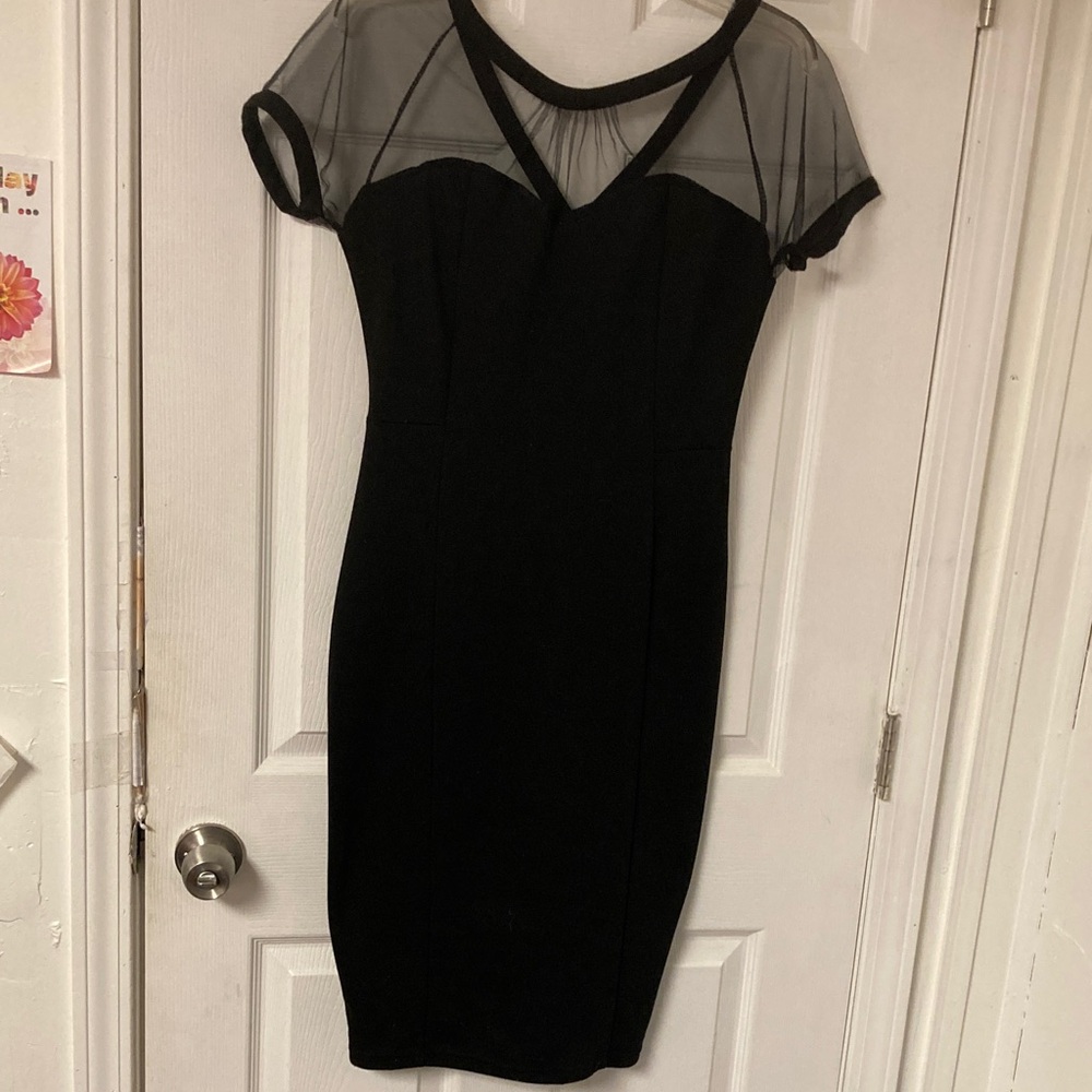 Ace Beaute Black Mini Dress with Sheer Accents